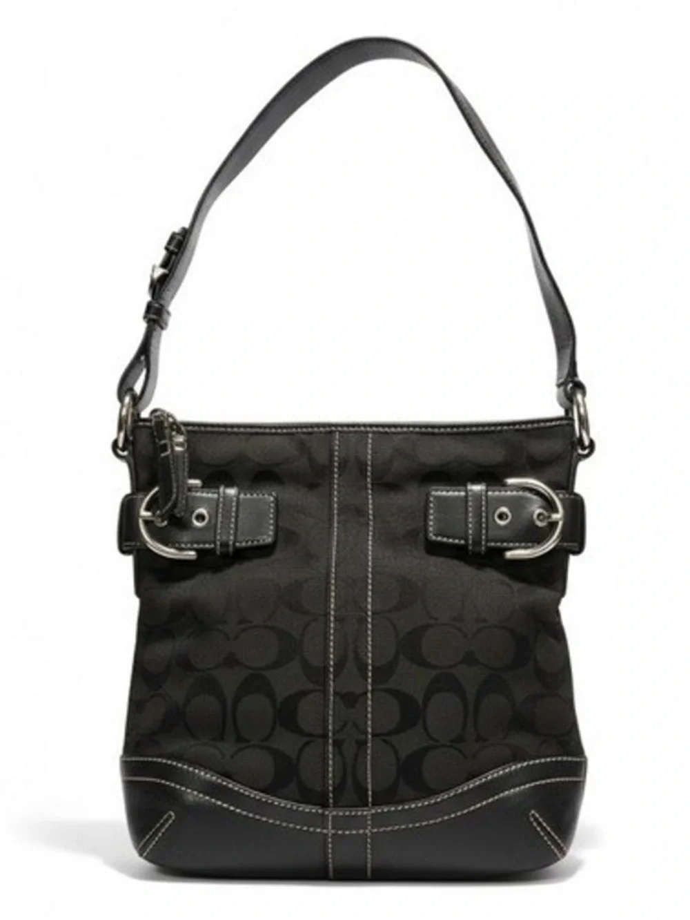 Coach‎ Black Signature Canvas Shoulder Hobo with Buckle Accents